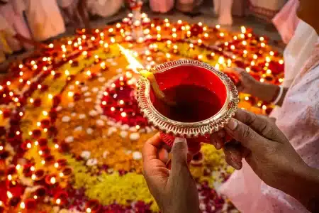 Diwali celebrations in Dubai with festive lights, diyas, and fireworks across the city