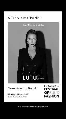 Luana Vjollca speaking at Dubai Mall Festival of Fashion panel From Vision to Brand